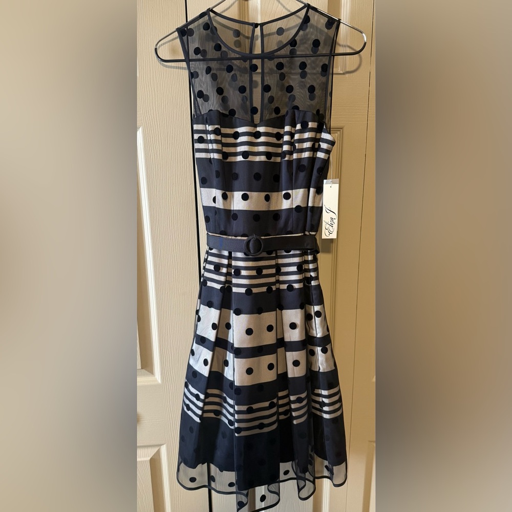 NWT Ret $178 Eliza J Dress Women Sz 8 Blk Polk a Dot Cocktail Party Fit & Flare